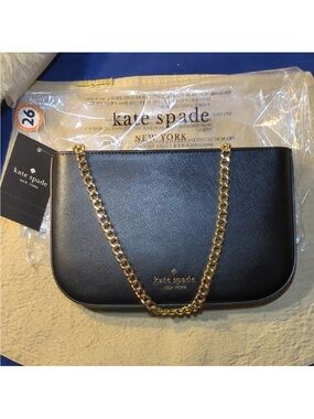 kate‎ spade black leather shoulder bag with gold chain